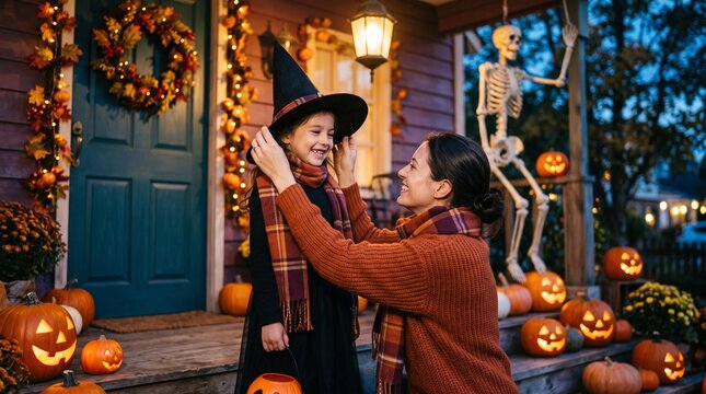 Happy mother dressing cute daughter in witch costume for Halloween on decorated porch.