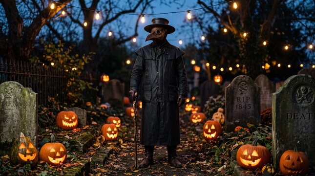 Plague doctor in costume standing in spooky graveyard with carved pumpkins.
