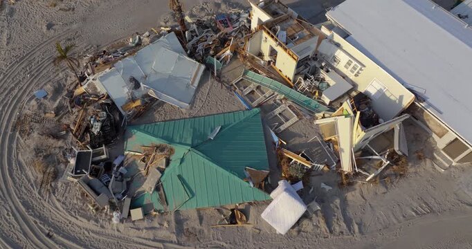 Destroyed house on ocean shore. Hurricane Milton consequences on Manasota Key, Florida. Storm surge severe damage.
