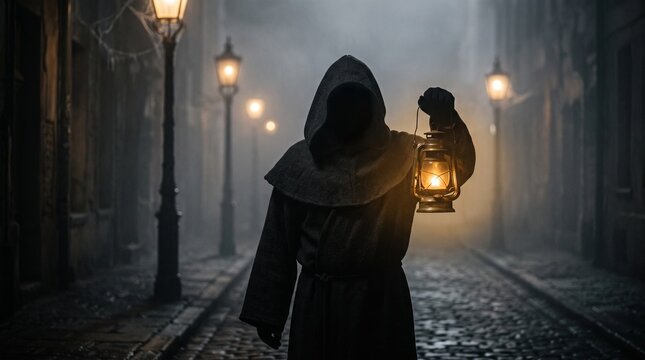Hooded figure holding lantern in foggy cobblestone street at night