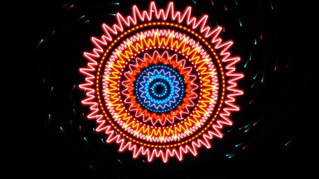 Abstract circular neon light pattern with vibrant glowing zigzag rings and radial symmetry on a dark background