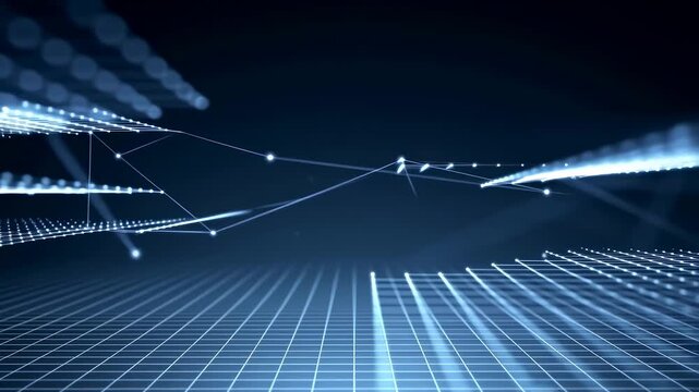 Blue digital network lines flow above a glowing perspective grid in abstract cyberspace. Technology presentations, cybersecurity media, and data networking content.