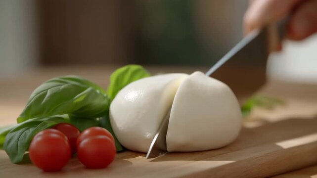 Fresh mozzarella cheese is sliced with a kitchen knife on a wooden cutting board beside cherry tomatoes and basil leaves, revealing its soft white interior in close-up food preparation