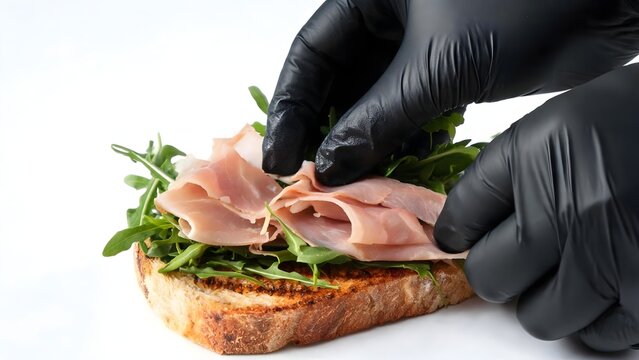 Gloved hands topping toasted bread with prosciutto and arugula