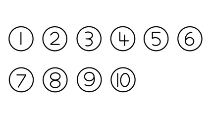 Set of minimalist hand-drawn outline numbers from one to ten inside circles, black line icon elements isolated on a transparent background. © Atheefa