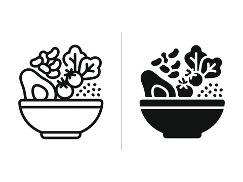Healthy vegetable salad bowl vector icon with leafy greens and toppings, outline and filled symbols for food, nutrition and healthy eating