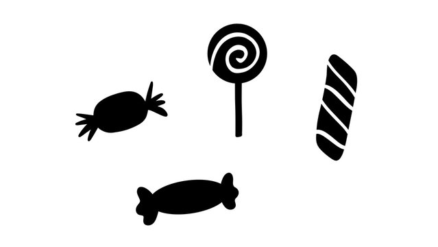 Collection of black candy silhouettes with lollipop and wrapped sweets isolated on a transparent background, perfect icons for sweet design
