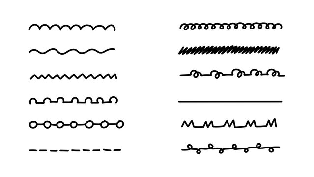 Set of hand-drawn black doodle lines, wavy borders, squiggles, and dashed dividers isolated on a transparent background.