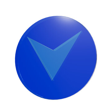 Glossy 3D blue circle button with a downward pointing arrow icon isolated on a clean white background for web design