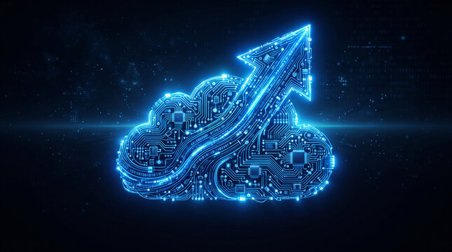 Glowing blue cloud icon integrated with circuit board patterns showing an upward financial growth arrow