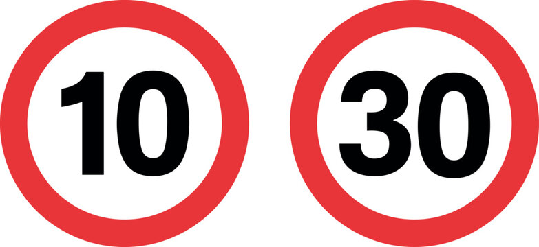 Speed limit road signs set showing 10 and 30 kmh traffic restriction symbols