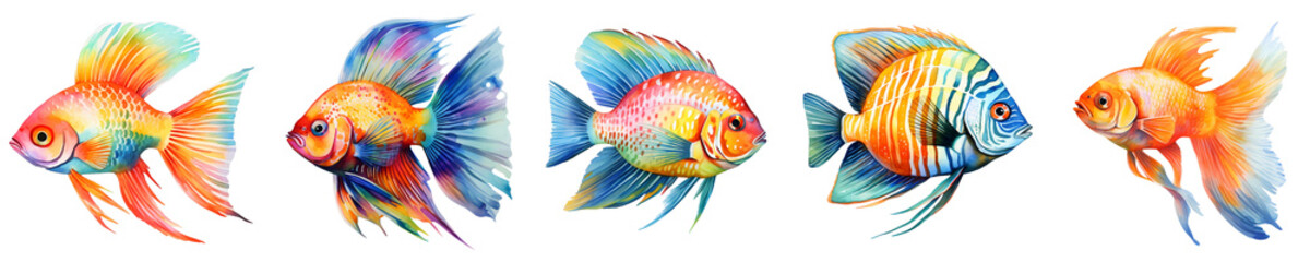 Obraz premium Watercolor painting of five ornamental fishes swimming in formation in vibrant colors