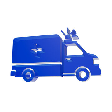 3D blue ambulance icon with emergency siren light isolated on white background for medical and healthcare design projects
