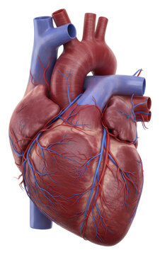 Detailed 3D rendering of a bovine heart, major arteries, prominent veins, pulmonary and coronary vasculature, isolated on white, concept of anatomical study and cardiovascular health
