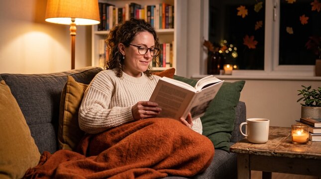 Woman reading a book on a couch on a cozy fall evening. Adult female relaxing under a blanket with a warm drink