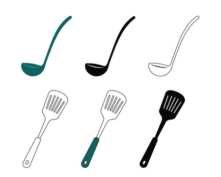 Kitchen cooking utensils spoon and spatula icon collection