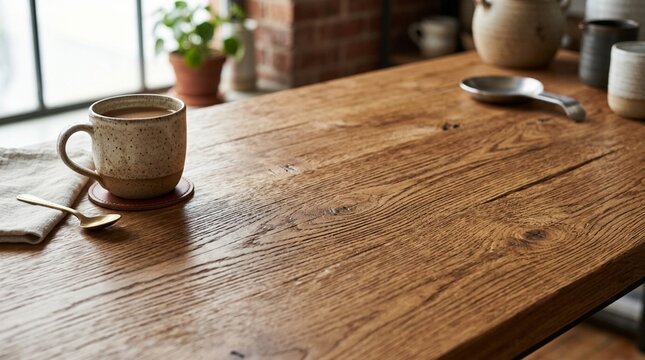 Rustic wooden table with coffee cup and spoon, cozy morning scene