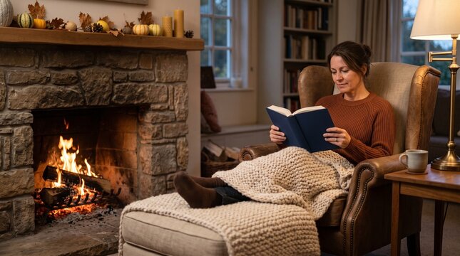 Woman reading a book by burning fireplace. Cozy autumn evening in armchair with warm knit blanket indoors