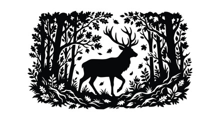 Obraz premium Silhouette of a stag within a forest of trees and foliage