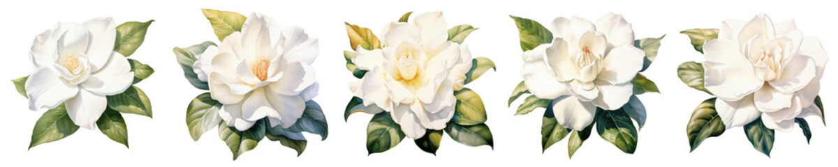 Obraz premium Collection of five white gardenia blossoms are isolated on black background
