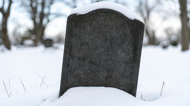 Old blank stone headstone partially buried in snow in a peaceful historic cemetery