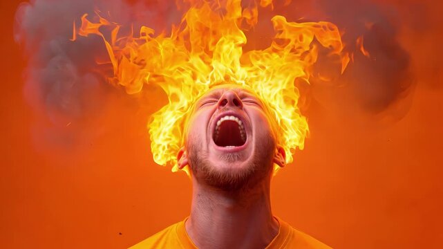 Screaming man with head on fire against orange background. Intense emotional expression and surreal visual effects. Close-up shot with slight vertical tilt.