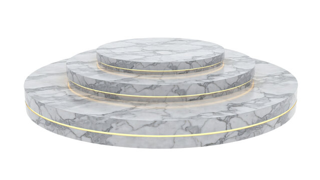 Three tiered circular white marble pedestal with thin gold trim accents isolated on a transparent background