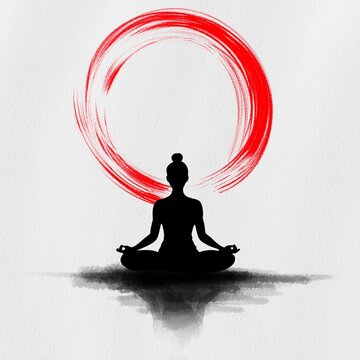 Minimalist Silhouette of a Person Meditating with Red Zen Circle