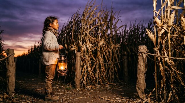 Young girl holding a glowing lantern in a corn maze at dusk.