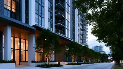 Obraz premium Modern high rise condominium with glass facade balconies and landscaped street lined with trees at dusk
