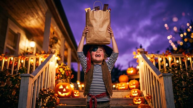 Happy child in pirate costume holding trick or treat bag on porch with pumpkins