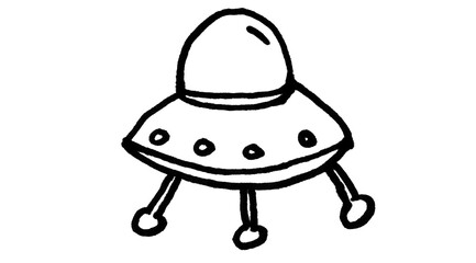 Flying Saucer Doodle, Hand Drawn Black and White UFO Line Art Illustration on White Background © Anwaar