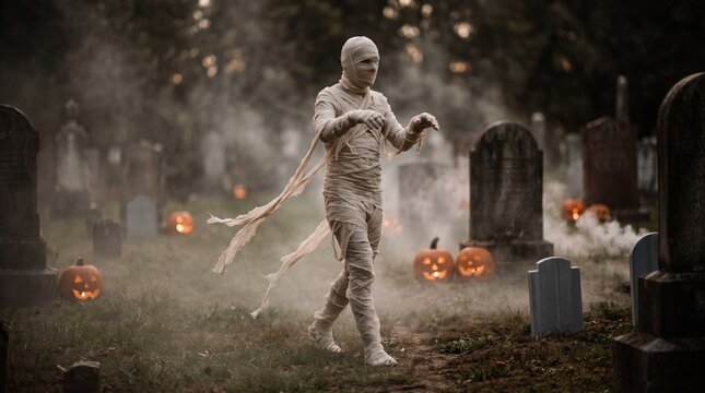 Mummy walking in foggy cemetery with glowing pumpkins at Halloween