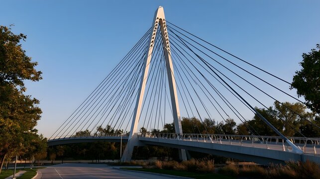 A modern cable stayed bridge with white pylons and steel cables spans over a landscaped area under a clear blue sky