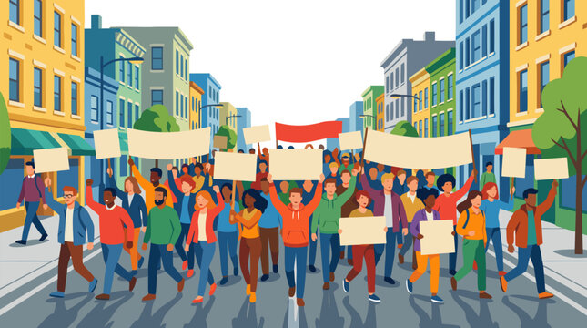 Diverse group of happy protesters marching down colorful city street holding blank signs and banners, flat vector illustration of peaceful demonstration and unity - detailed commercial stock imagery