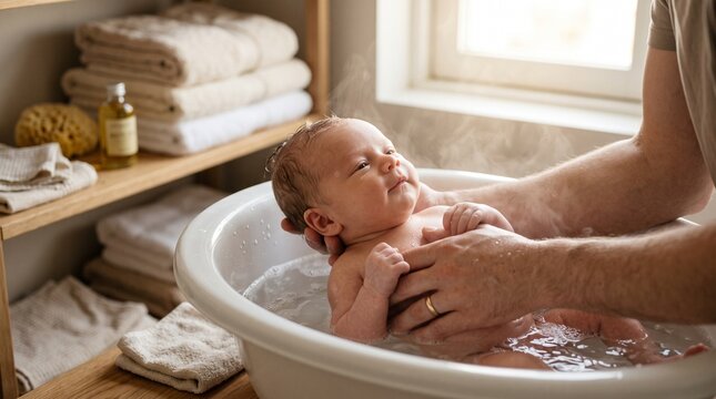 Father bathing newborn baby in white tub at home bathroom