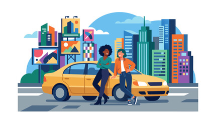 Fototapeta premium Two Confident Women Drivers Leaning Against Yellow Sedan Car in Vibrant Urban City with Abstract Billboards and Colorful Skyscrapers Modern Flat Vector Illustration - detailed commercial stock