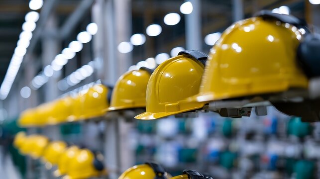 A row of bright yellow hard hats neatly arranged on a rack inside a modern industrial facility under bright overhead lights