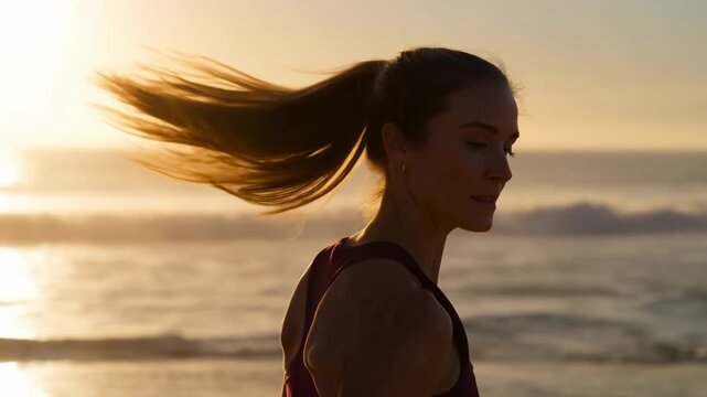 Woman turns her head beside the ocean as her long ponytail sweeps through warm sunset light, framed in close side view with rolling waves and glowing horizon behind