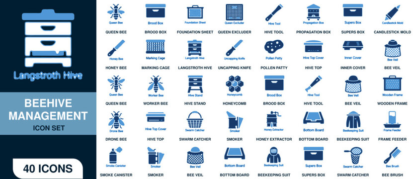 Langstroth hive and beehive management icon set, collection of 40 vector icons for beekeeping, honey production, and apiary tools, flat blue design elements