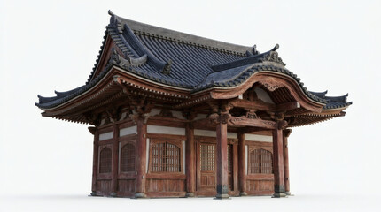 Obraz premium Traditional Asian temple and pavilion architecture with curved tiled roofs and wooden construction isolated on white background