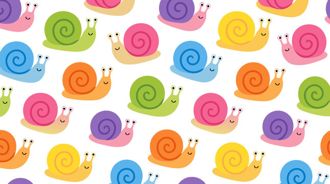 Adorable cartoon snails with vibrant colorful spiral shells in repeating seamless pattern on white background, whimsical cute vector illustration for children textile design elements