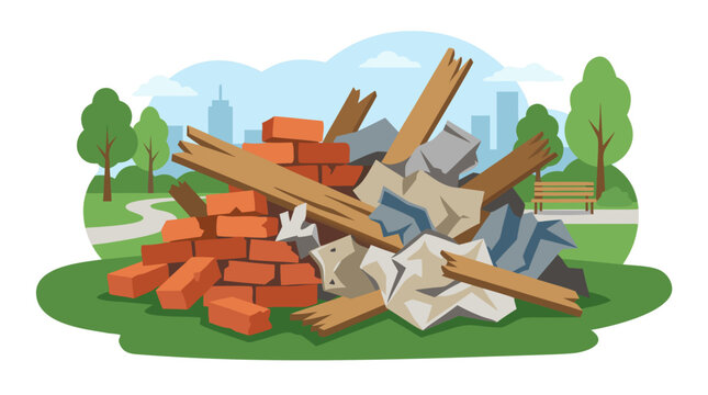 Pile of broken red bricks wooden planks and crumpled paper debris dumped on green grass in city park flat color vector illustration urban pollution waste management - detailed commercial stock