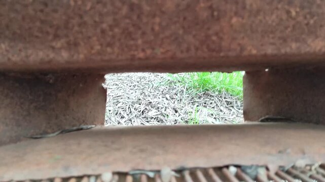 Close-up of the interior of an antique manual olive leaf separator