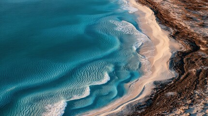 Obraz premium Aerial view of turquoise ocean waves meeting a sandy beach and rocky shoreline