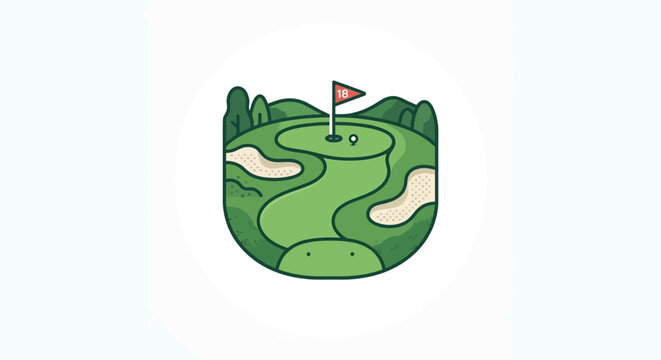 Cute vector illustration of a golf course hole 18 with sand traps and flag