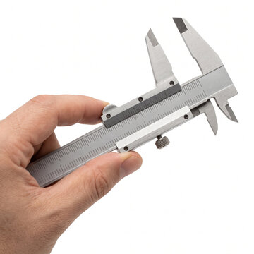 Vernier caliper held in hand isolated on white background, metallic precision measuring tool for engineering, industrial calibration, quality control and workshop technical tasks