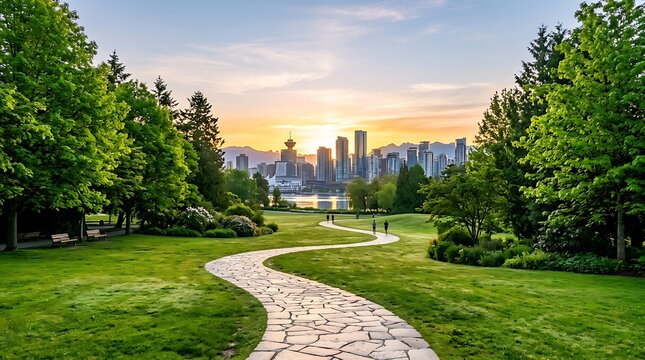 Stone path in a green park with city skyline at sunset