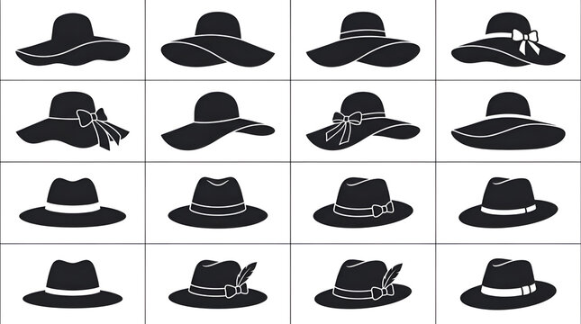 Silhouettes of Women's Floppy Sun Hats and Fedoras Grid on White Background