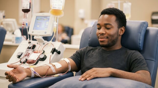 African American man donating blood plasma at a medical clinic using an apheresis machine.